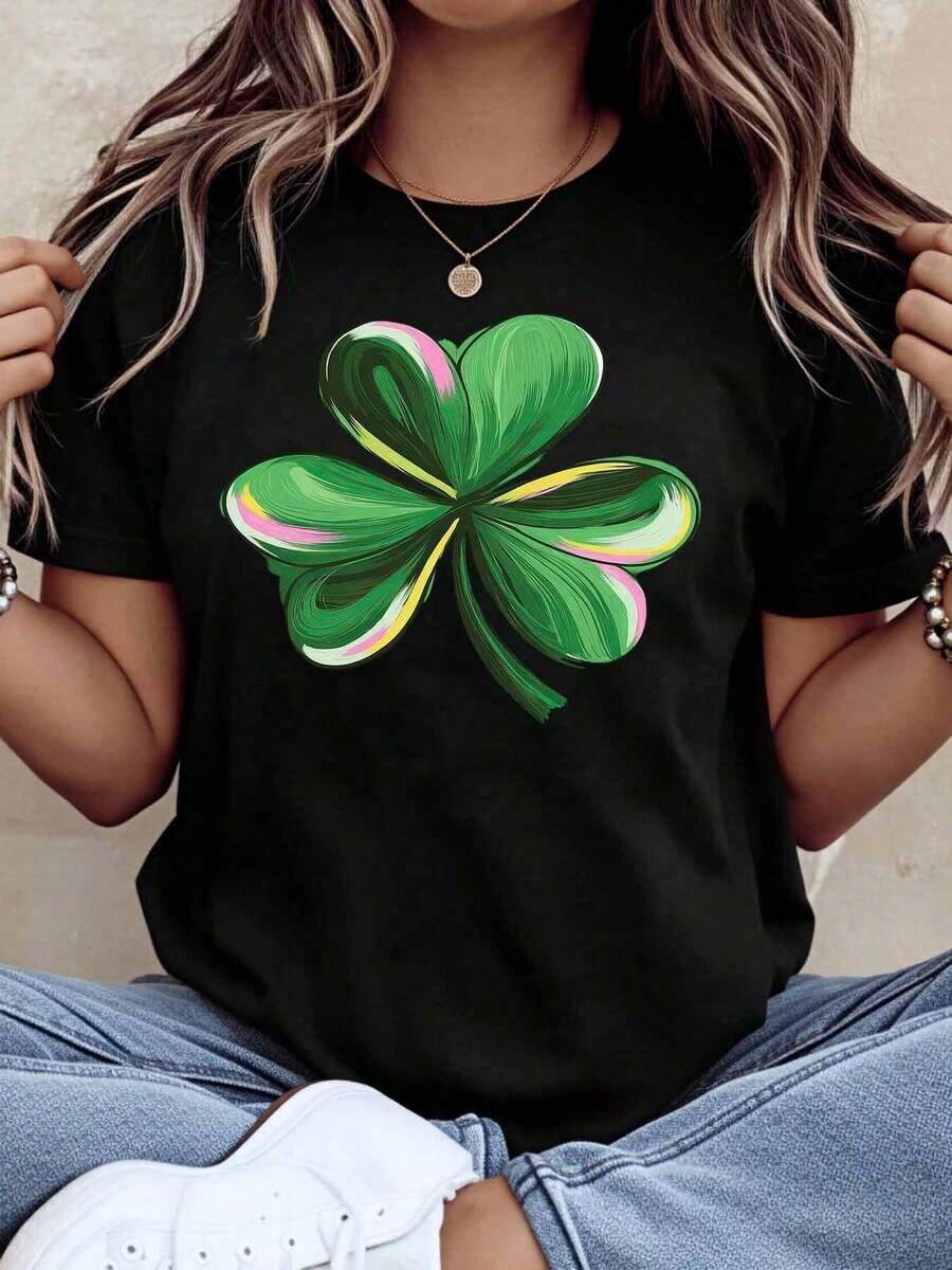 Women's Fashionable And Luxurious St. Patrick's Day Shamrock T-Shirt, Casual Lucky Shamrock Graphic Tee For St. Patrick's Day Celebration, Everyday Wear - 黑色 - 查看 1
