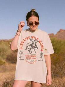 1 Piece Of Plus Size "Long Live The Wild Woman" T-Shirt | Vintage Women's Rights T-Shirt, Western Grunge Cowgirl Style, Crew Neck With Resist Print, Freedom T-Shirts 180g 100% Cotton - 白色的 - 查看 3