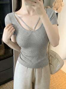 New Solid Color Versatile Slim Fit Waist Cinched Cap Sleeve Knit Top, Spring/Summer - Gray - View 4