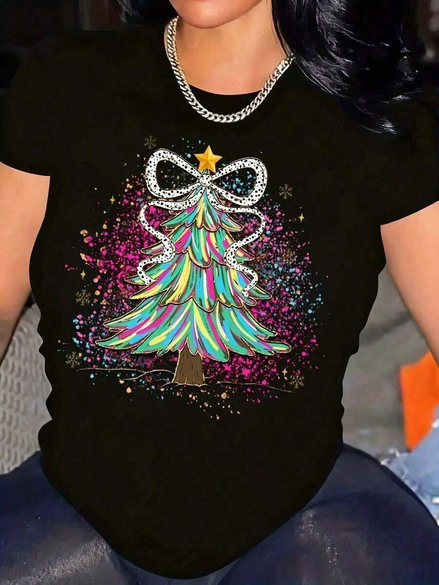 Women's Casual T-Shirt With Festive Christmas Tree Design, Rainbow Colors And Sparkling Bow, Perfect For Christmas Parties And Winter Celebrations, Graphic T-Shirt, Graphic T-Shirts For Women, Summer T-Shirt, Casual T-Shirt, Holiday Clothes For Women, Young And Fashionable Design. - 黑色 - 查看 1