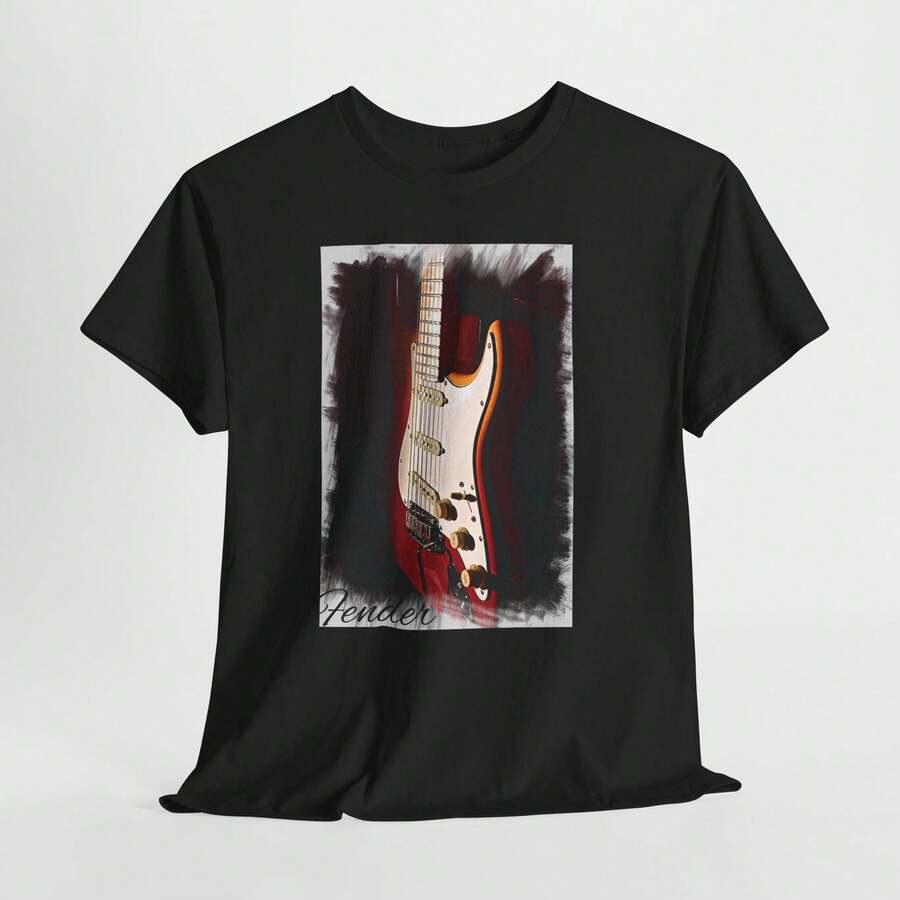 Fender Guitar Unisex Heavy Cotton Tee Music T-Shirt Perfect Gift For Musicians Band Merch Casual Wear Music Lover Appare - Black - View 1