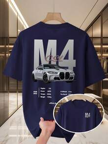 Men's Casual Summer T-Shirt, New Collection, Round Neck, Short Sleeve, Knit Fabric, Cool And Comfortable, Double-Sided "M10.16cm" Print On Front And Back, Ideal For Outdoor Activities, Printed Summer T-Shirt For Men - 皇家藍 - 查看 1