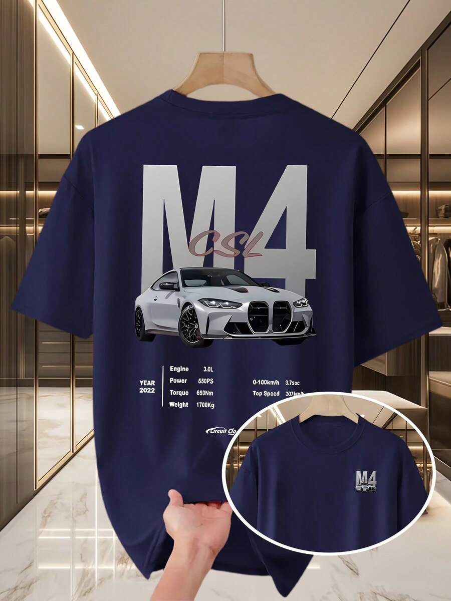 Men's Casual Summer T-Shirt, New Collection, Round Neck, Short Sleeve, Knit Fabric, Cool And Comfortable, Double-Sided "M10.16cm" Print On Front And Back, Ideal For Outdoor Activities, Printed Summer T-Shirt For Men - 皇家藍 - 查看 1