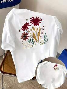 New Men's T-Shirt Made Of 180g Heavyweight Cotton, Featuring A Vintage Floral Print, Hand-Painted With Plant Motifs On The Front And Back. Fashionable And Short-Sleeved, Suitable For Casual Daily Wear And Outdoor Fitness Activities. Unique Double-Sided Pattern Design - Perfect For Spring And Autumn As An Inner Layer And For Summer As A Standalone Garment. Unisex. - 白色 - 查看 6