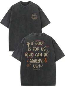 1 Piece, 230G Double-Sided Water Wash. If God Is With Us, Who Can Resist Us?1 Piece, Washed Printed T-Shirt 230g, High-Quality Batik Cotton Retro Fashion Brand T-Shirt, A Certain Thickness Suitable For Summer T-Shirts, Holiday Gifts.(Retro Style, Heavyweight, Unisex) - 黑色 - 查看 7