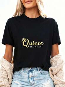 Quince Chambelan & Elegant Gold Crown, Women's Short-Sleeved T-Shirt With Elegant Text, Comfortable, Soft And Lightweight Fabric, Ideal Gift For Quinceañera Enthusiasts Or Lovers. 100% Cotton. - 白色 4 - 查看 8
