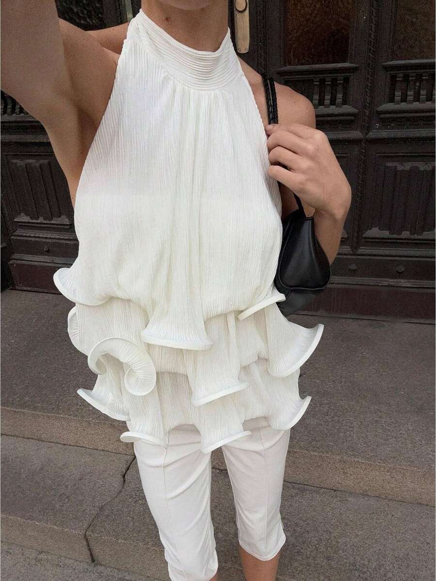 Women's Y2k Halter Flounce Tank Tops Solid Color Sleeveless Mock Neck Backless Layered Ruffle Flowy Blouse For Daily Office Party Wear - White - View 1