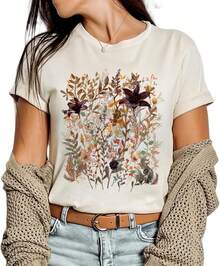 1 Piece Casual Fashion For Men And Women Vintage Boho Floral Flower Print T-Shirt Graphic Short Sleeve T-Shirt Versatile, Easy To Match, Suitable For Daily Wear, Street Style, Holiday Outfits, Weekend Outfits. - 米色-7 - 查看 5
