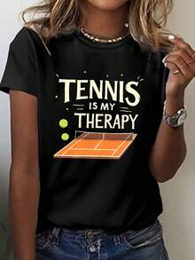 Women's Casual T-Shirt. A Short-Sleeved, Crew-Neck T-Shirt With The Phrase "Is My Therapy" Printed On It, Perfect For Women To Wear In Spring And Summer. A Must-Have For Everyday Casual Wear. - 黑色 - 查看 6