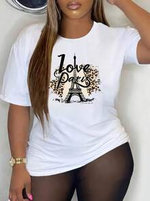 Women's Plus Size Casual Cotton Round Neck T-Shirts With Paris Eiffel Tower Print, Stretchy And Breathable Fabric, Short Sleeve, Simple Sports Top For Everyday Wear. - 白色 - 查看 1