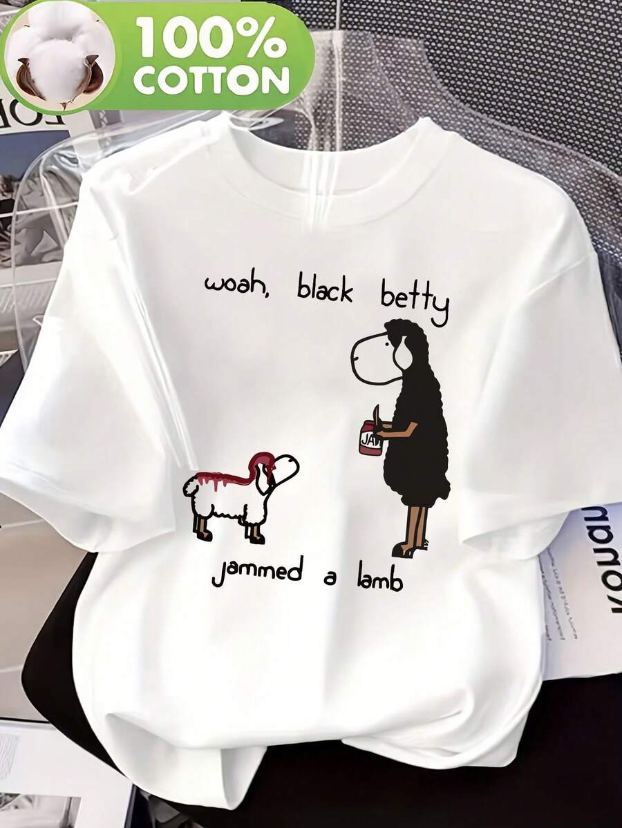 Soft Women's 100% Cotton T-Shirt With A Fun Rock And Roll Print. | Vintage Graphic T-Shirt Featuring The Fun "Black Betty Jammed A Lamb" Print, Casual And Breathable Style, Loose Fit And Short Sleeves, Suitable For Music Fans And As A Gift, With A Fun And Witty Design, Comfortable To Wear, Stylish Blouses For Ladies. - 白色 - 查看 1