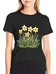Women's Cotton T-Shirts, Round Neck, Casual Loose Fit, European Geometric Pattern, Short Sleeve - Breathable Summer T-Shirt, Simple Casual Top For Everyday Wear - 黑色 - 查看 4