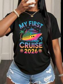 "My First Cruise 2026" T-Shirt For Women, Summer Travel Gift For Cruise Celebration, Casual T-Shirt, 220g - Urban Vintage Style, Unisex, Loose Fit, Cotton, Short Sleeve, Crew Neck, 100% Pure Cotton - 黑色 - 查看 3