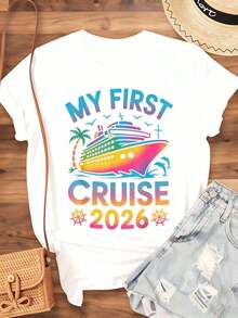 "My First Cruise 2026" T-Shirt For Women, Summer Travel Gift For Cruise Celebration, Casual T-Shirt, 220g - Urban Vintage Style, Unisex, Loose Fit, Cotton, Short Sleeve, Crew Neck, 100% Pure Cotton - 白色 - 查看 4