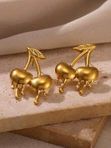 Elegant Exaggerated Oversized Liquid Cherry, Lips And Stars Stainless Steel Earrings, Suitable For Women, Moms, Girlfriends, 18K Gold Plated Waterproof Inlaid Stud Earrings, Gold Wedding Party Charm Jewelry Accessories, 2026 New Birthday Anniversary Gift - Various - View 12