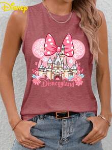 Disney Minnie "Disney" Castle Flower Bow Printed T-Neck Sleeveless Vest, Ladies Disney Tour Loose Summer Vest Ladies Lovely Retro Loose Summer Vest T-Shirt, Men's Wear, Women's Wear, Street Wear Men's Wear, Summer Disney Women's T-Shirt, Women's Summer Wear, Summer Shirt, Gifts For Disneyland. - Màu Hồng Tươi - Xem 1