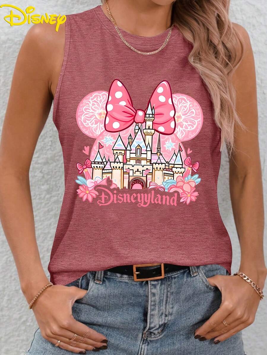 Disney Minnie "Disney" Castle Flower Bow Printed T-Neck Sleeveless Vest, Ladies Disney Tour Loose Summer Vest Ladies Lovely Retro Loose Summer Vest T-Shirt, Men's Wear, Women's Wear, Street Wear Men's Wear, Summer Disney Women's T-Shirt, Women's Summer Wear, Summer Shirt, Gifts For Disneyland. - Màu Hồng Tươi - Xem 1