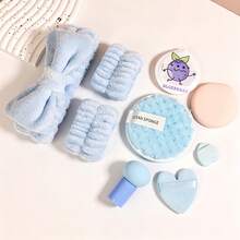 9 pezzi Set di pulizia del viso multifunzionale, strumenti per rimuovere il trucco e detergere resistenti all'acqua, risolvono problemi come peli sparsi, maniche bagnate, spugne per il trucco difficili da pulire, assorbimento della polvere, progettato in dolce rosa con fascia per capelli a fiocco + fascia per polso + spugna per trucco + spugna per trucco, la spugna per trucco è lavabile, la spugna per trucco è a grana fine e non assorbente - Multicolore - Visualizzare 7