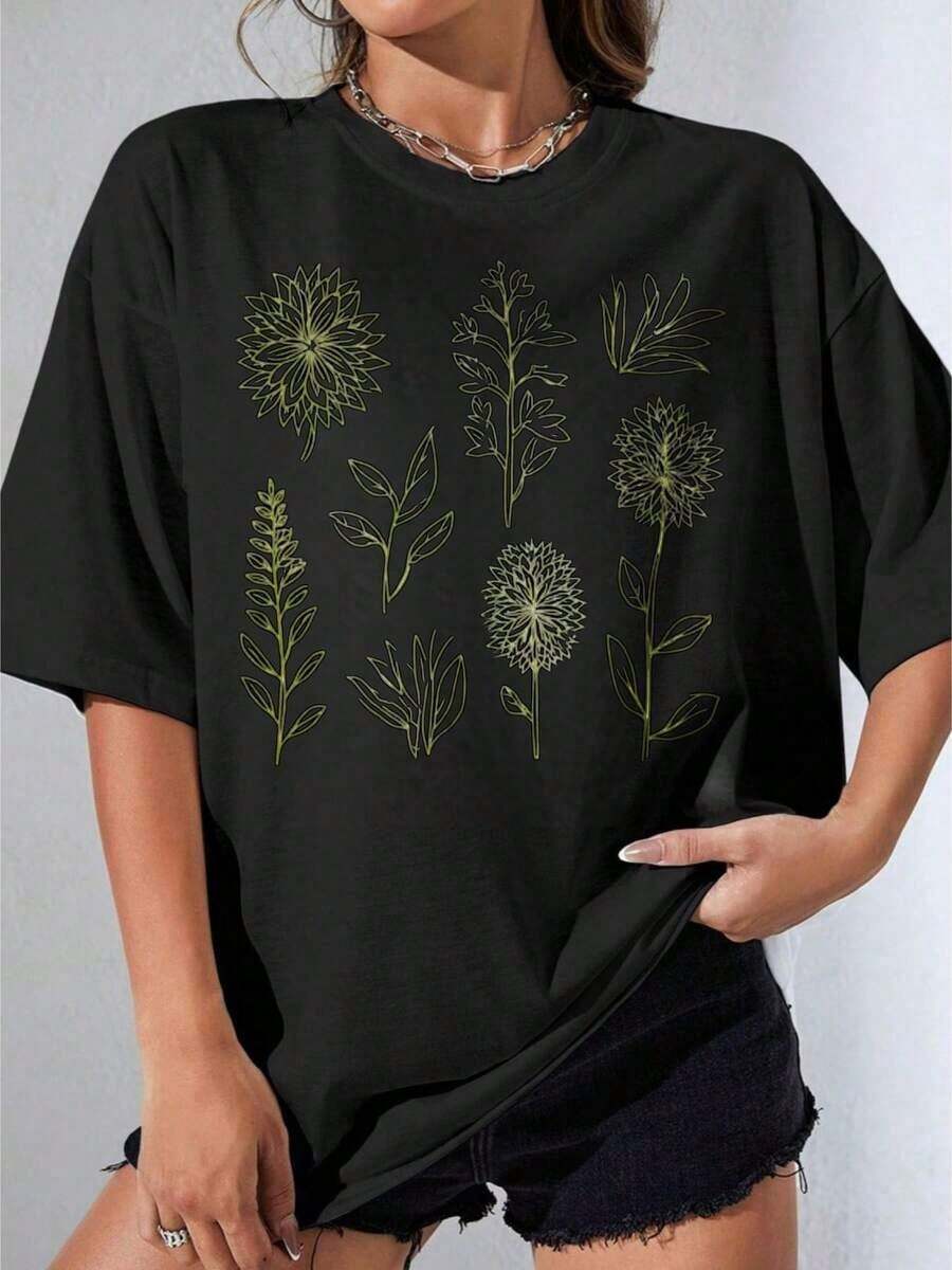 Women's Blouses, White T-Shirt For Girls, Oversized White T-Shirt With Botanical Flower Print, Casual Summer Clothing, For Outdoor Parties, Casual Printed T-Shirt, Suitable For Spring, Summer And Autumn. - 黑色 - 查看 1