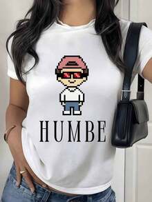 100% Cotton. Pixelated Figure With Red Glasses And Pink Cap Evoking A Retro Digital Style Full Of Positive Energy. Women's T-Shirt, 100% Soft And Comfortable Cotton For Everyday Wear. Women's Simple Solid Color T-Shirt, Loose And Slim Fit Casual Short Sleeve - 白色的 - 查看 1