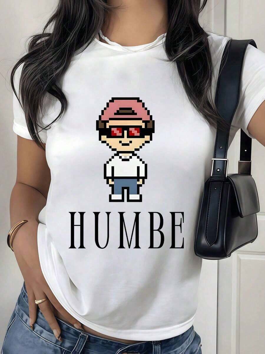 100% Cotton. Pixelated Figure With Red Glasses And Pink Cap Evoking A Retro Digital Style Full Of Positive Energy. Women's T-Shirt, 100% Soft And Comfortable Cotton For Everyday Wear. Women's Simple Solid Color T-Shirt, Loose And Slim Fit Casual Short Sleeve - 白色的 - 查看 1