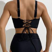 New Two-Piece Swimsuit, Sexy High-Waisted Bikini With Ruching And Solid Color. - FF879BK - 查看 3