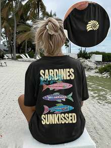 Women's Loose-Fitting Short-Sleeved T-Shirt, Retro And Vibrant Style, 100% Cotton, With A Double Print Of Sardines And Seashells In Three Colors On The Front And Back, Inspired By A Sunny Day At The Beach. Breathable T-Shirt For Summer Beach Vacations, With A Letter Print, For Adult Women, Short-Sleeved And Fashionable, Made Of Breathable Fabric, Suitable For Back-To-School Outfits, Ideal For Outdoor Wear, Perfect Gift. - 黑色 - 查看 1