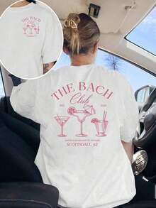 New 2026 Collection: Cotton T-Shirt With Front And Back Prints, For Bachelorette Parties And Weekend Parties, Featuring Sophia's Bachelorette Weekend Design, Casual Round Neck For Women, Comfortable Fit, Classic Design, Fashionable Item, Double-Sided Print Short-Sleeve T-Shirt For Women. - 白色 - 查看 1