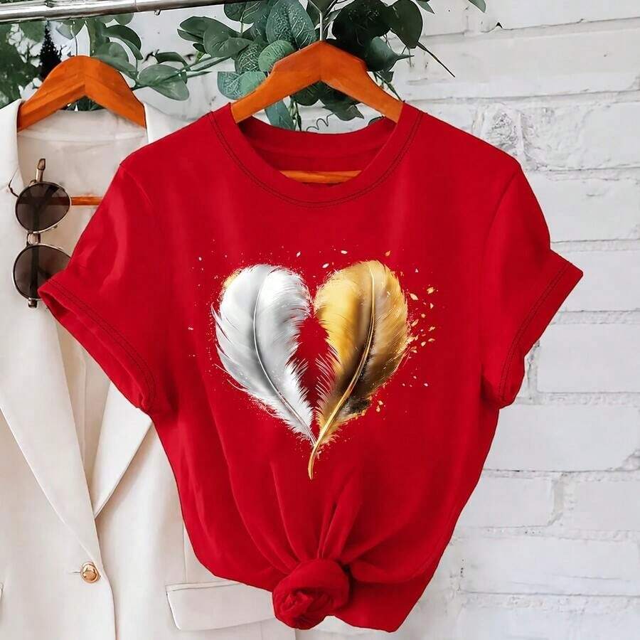 Women's Cotton T-Shirt, Sizes M-5XL, Casual Loose Fit, Round Neck, Short Sleeve, Heart And Feather Print, Gold And Silver Graphic, Comfortable Top For Everyday Wear, Soft Women's Clothing - 紅色 - 查看 1