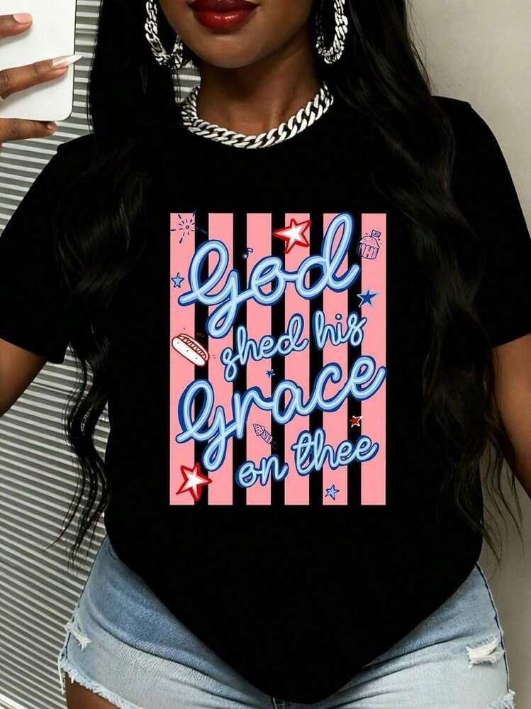 Crew Neck T-Shirt With Pink Stripes And Blue Text "God Shed His Grace On Thee", Decorated With Stars And A Cupcake Design. Suitable For Spring And Summer Wear. An Ideal Gift For Friends, Family, Or Religious Occasions. Perfect For Casual Outings And Light Activities. - Black - View 1