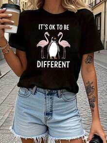 100% Cotton. Graphic Print T-Shirt, IT'S OK TO BE DIFFERENT, Short Sleeve, Round Neck, Casual Top For Summer And Spring, Women's Clothing. Women's Simple Solid Color T-Shirt, Loose And Slim Fit Casual Short Sleeve - 黑色 - 查看 1