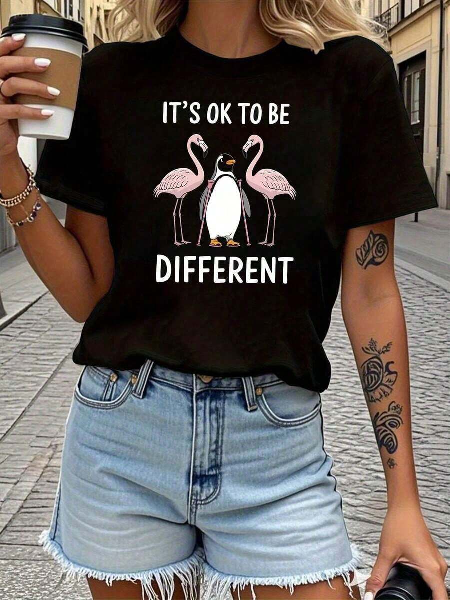 100% Cotton. Graphic Print T-Shirt, IT'S OK TO BE DIFFERENT, Short Sleeve, Round Neck, Casual Top For Summer And Spring, Women's Clothing. Women's Simple Solid Color T-Shirt, Loose And Slim Fit Casual Short Sleeve - 黑色 - 查看 1