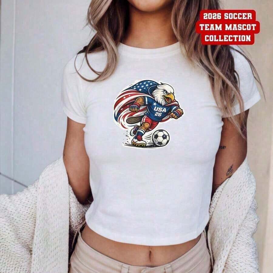 Women's Summer Outfits, Gifts For Mothers, Personalized T-Shirt For The 2026 World Cup, Comfortable T-Shirt For USA, Canada, And Mexico Match Day, Blue Tops, Women's Summer Clothes - 白色 18 - 查看 1