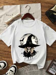 Women's Casual T-Shirt With Simple And Versatile Design, Black, Round Neck And Short Sleeve, With Witch And Bat Print In Cotton Knit Fabric - White - View 2