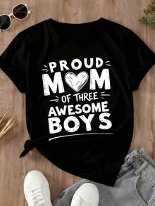 Women's T-Shirt: Women's "Proud Mom Of Three Cool Boys" T-Shirt With Black Graphic Print For Maternal And Family Pride, Casual Wear - 黑色 - 查看 4
