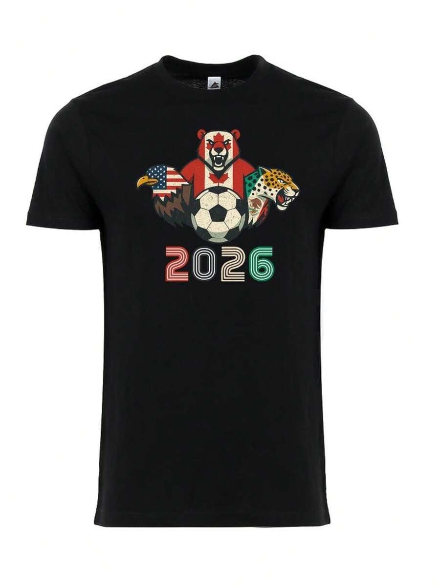 Unisex Adult T-Shirt With World Cup Mascot | WC 2026 Football Fan Shirt | Supporter Graphic Shirt, Casual Blouses For Women - 黑色 - 查看 1