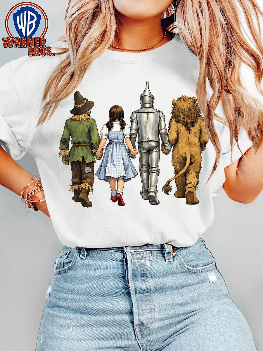 Women's Summer T-Shirt, Realistic Retro Style, Wizard Of Oz Character Silhouette Print, Short Sleeve Round Neck T-Shirt, Nostalgic Cartoon Character Style, Classic 90s Movie, Warner Bros Fan Gift. - 白色 - 查看 1