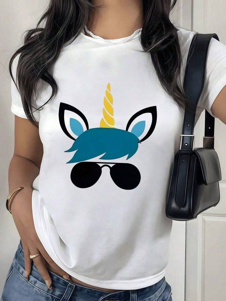 2026 New Cotton Shirt - 100% Cotton - Unicorn With Dark Glasses Symbolizing Confidence - Modern Fantasy For Cheerful Women - Women's T-Shirt - 100% Soft And Comfortable Cotton - Women's Simple Solid Color Shirt, Loose And Casual Short Sleeve - 白色的 - 查看 1