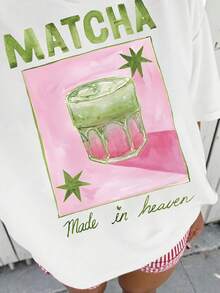 Camiseta de Mujer, Camiseta Gráfica "Matcha Made In Heaven", Estampado de Bebida en Acuarela, Corte Holgado, Manga Corta, Estilo Casual - Blanco - Ver 3