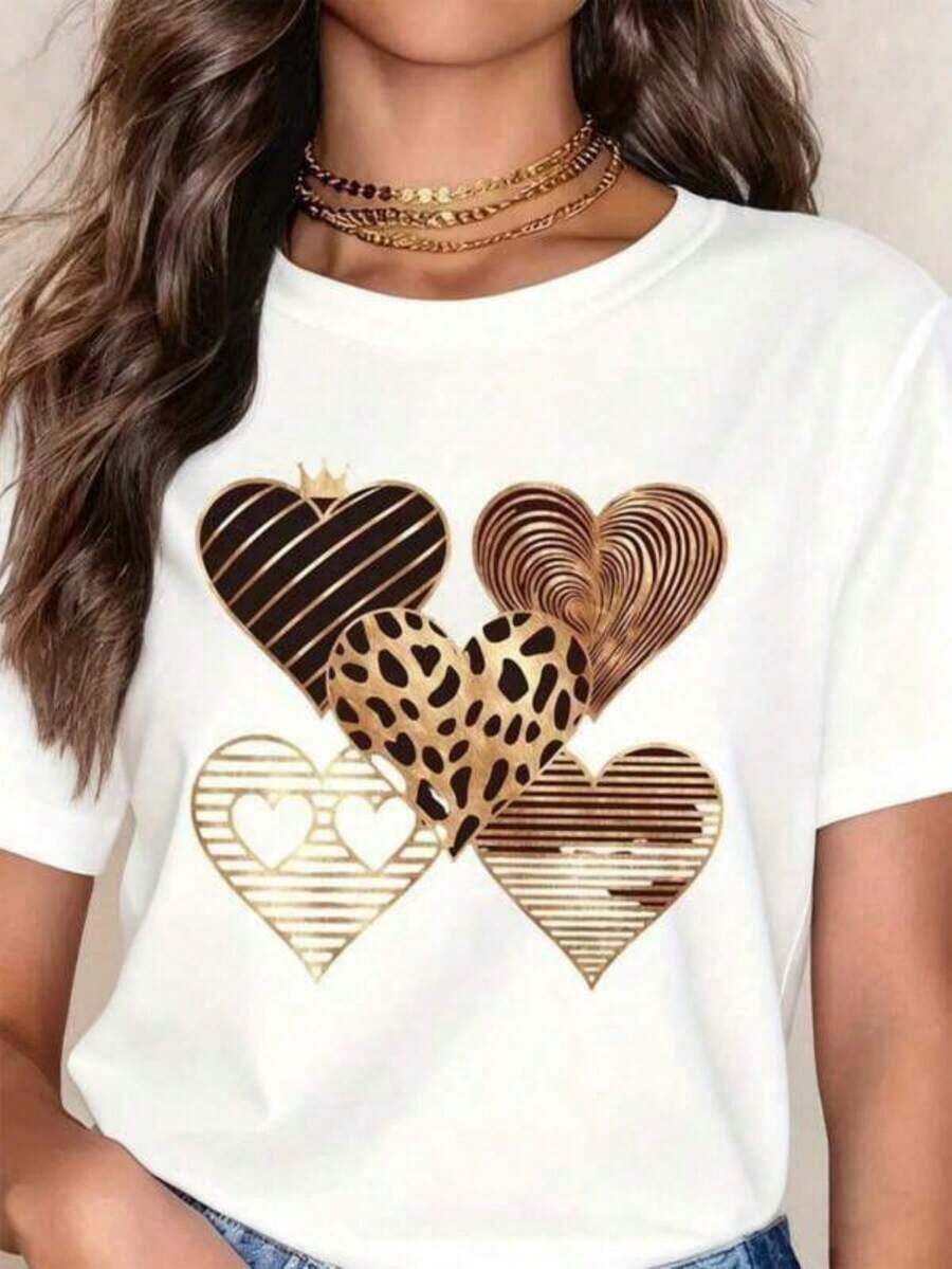 Women's T-Shirt, Y2K Style Women's T-Shirt With White And Gold Heart Print - Short Sleeve Round Neck Blouse In Gold Tones With Leopard And Stripe Patterns, Lightweight And Breathable Fabric For Spring, Summer And Autumn - 白色 - 查看 1