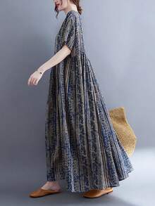 Summer 2026 Striped Dress, Women's Bohemian Casual Beach Vacation Dress. This Loose-Fitting A-Line Dress Features A Round Neck And Batwing Sleeves. - Azul Marino - 查看 2