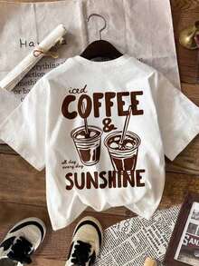 Camiseta de manga corta con cuello redondo, talla grande, color café helado, estilo Sunshine, de verano, de alta elasticidad, corte regular, 100% algodón. - Blanco - Ver 3