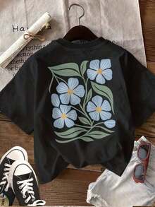 Women's Short-Sleeve Blouse With A Loose, Casual Blue Floral And Green Leaf Print, Made Of Pure Cotton, Featuring A Round Neck And Short Sleeves. It's Reversible And Suitable For Spring/Summer. Available In Plus Sizes. Also Suitable For Women's Clothing, Including Cute Blouses And Summer Wear. Made Of Cotton, This Blouse Is Perfect For Easter. It's A Stylish And Elegant Easter Outfit. Made Of 100% Cotton. - 黑色 - 查看 3