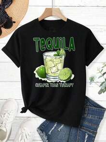 Short-Sleeved T-Shirt With Tequila Cocktail Print With Lime And Ice On A Black Background, Casual Wear, Christmas Gift For Friends, 100% Cotton. - 黑色 - 查看 3