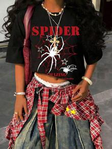 1 Piece Y2K Style Spiderweb Print T-Shirt - Dark Street Style, Loose Fit, Short Sleeve (180g Cotton T-Shirt) - Cotton T-Shirt - Soft And Breathable, 100% Cotton - A Comfortable And Vibrant Short-Sleeve T-Shirt With A Summer Street Style, Featuring A Cool Design And A Retro Summer Vibe, Suitable For Everyday Wear For Both Men And Women. - 黑色 - 查看 7