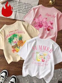 Single Item, Not A 3-Piece Set. Set Of 1. Set Of 1 Short-Sleeved T-Shirt With "Summer Girl" Prints, Tropical Fruits And Pink Orchids, Sweet And Edgy Style, Ideal For Beach Trips, Terrace Parties, Summer Music Festivals And Everyday Casual Outings. Y2k T-Shirt Shirt - 杏色 - 查看 1