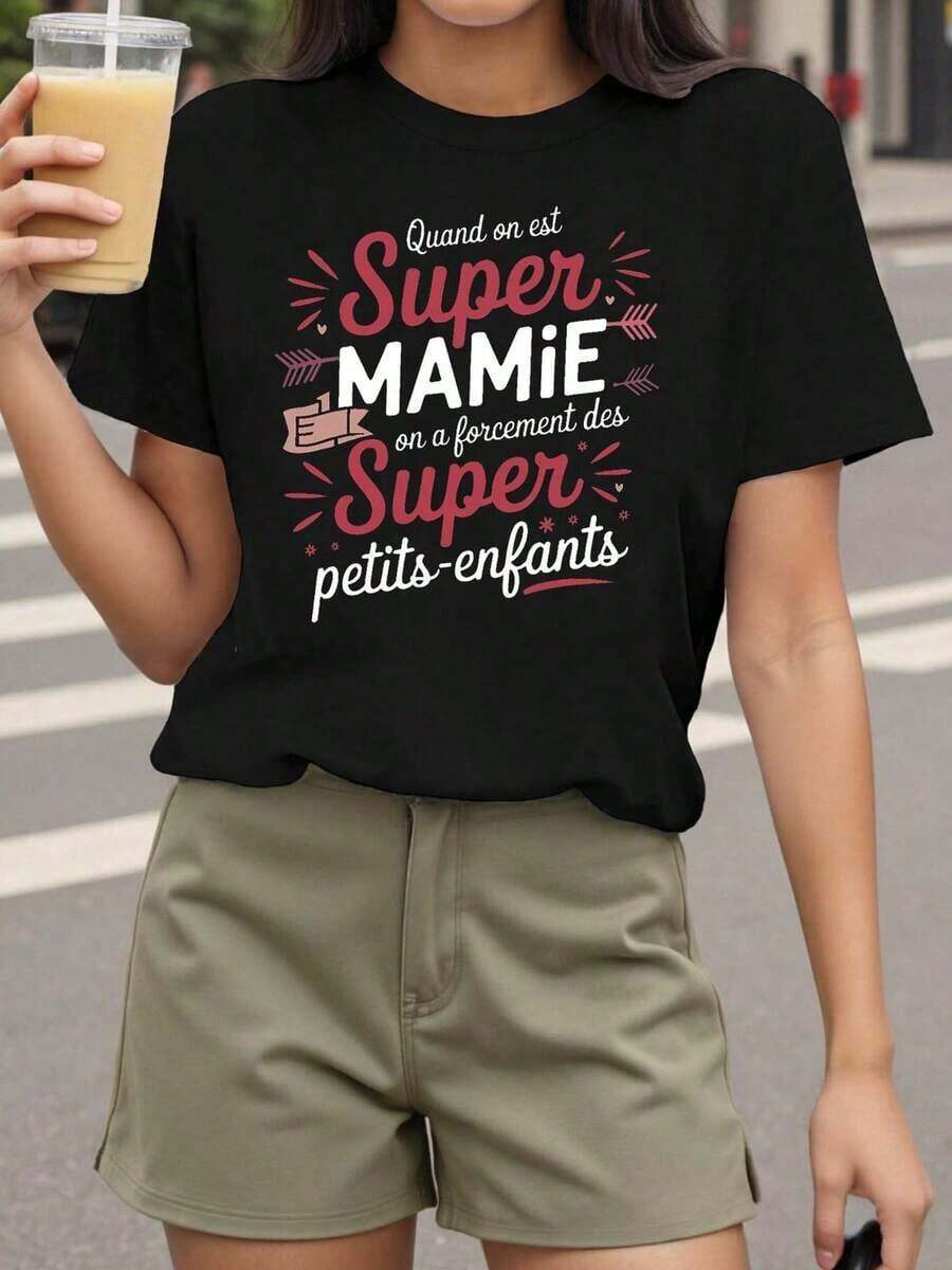 Women's T-Shirt: When You're A Super Grandma, You Inevitably Have Super Grandkids. Women's Short-Sleeved Crew Neck T-Shirt, Casual, Black, For Spring And Summer, Gift For Birthdays, Easter, Mother's Day. - 黑色 - 查看 1