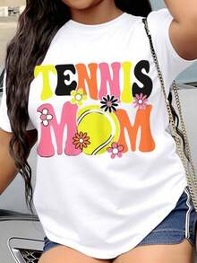 Women's T-Shirt, Tennis Mom T-Shirt, Colorful Floral Design, Casual T-Shirt For Women Who Love Tennis And Sporting Events - 白色 - 查看 1