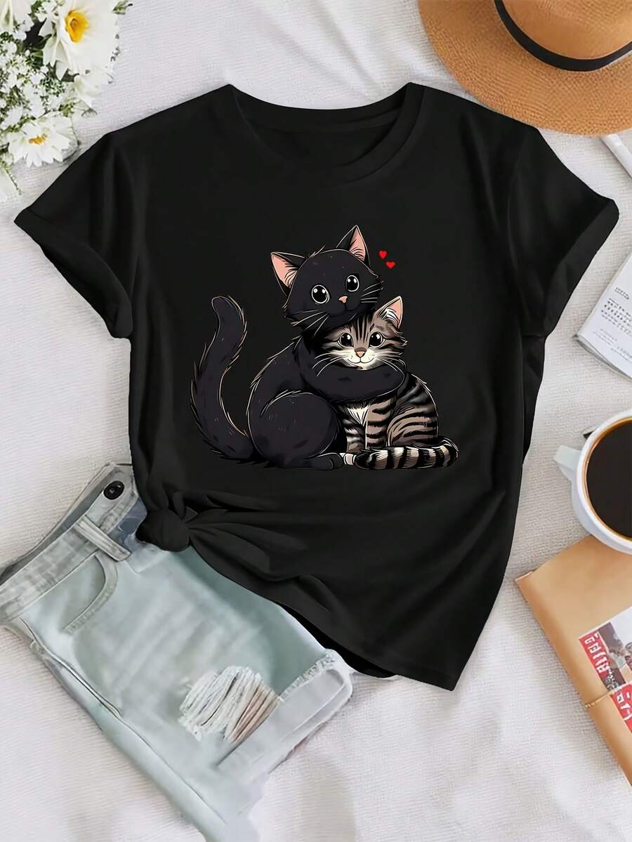 Women's T-Shirt - Short-Sleeved T-Shirt With A Cute Design Of Two Cats Hugging, Comfortable And Soft To The Touch, Casual Round Neck, Stretchy And Comfortable Fit For Spring, Summer And Autumn, Machine Washable, Sizes S-XXL, Cute T-Shirt, Fashionable Printed Shirt, Opaque Material. - 黑色 - 查看 1