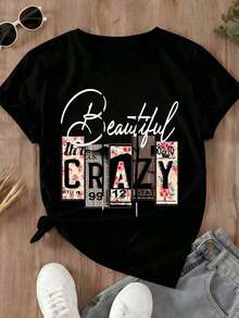 1 Piece Of Printed T-Shirt With Floral Design And Wood Texture In Black, Casual Women's Clothing, Ideal For Daily Wear And Outings, 180g, 100% Cotton. - 黑色 - 查看 3